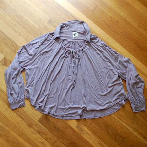 We The Free People Long Sleeve Top Lavender Tencel Oversized Tie Collar - Picture 1 of 8